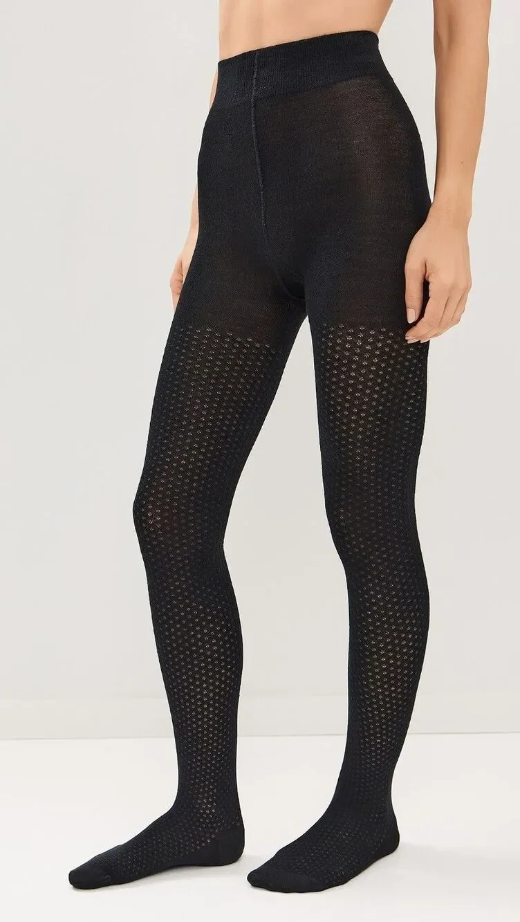 NIB Wolford Merino Dot JacquardTights in Black Size Large Wide Wasitband Soft